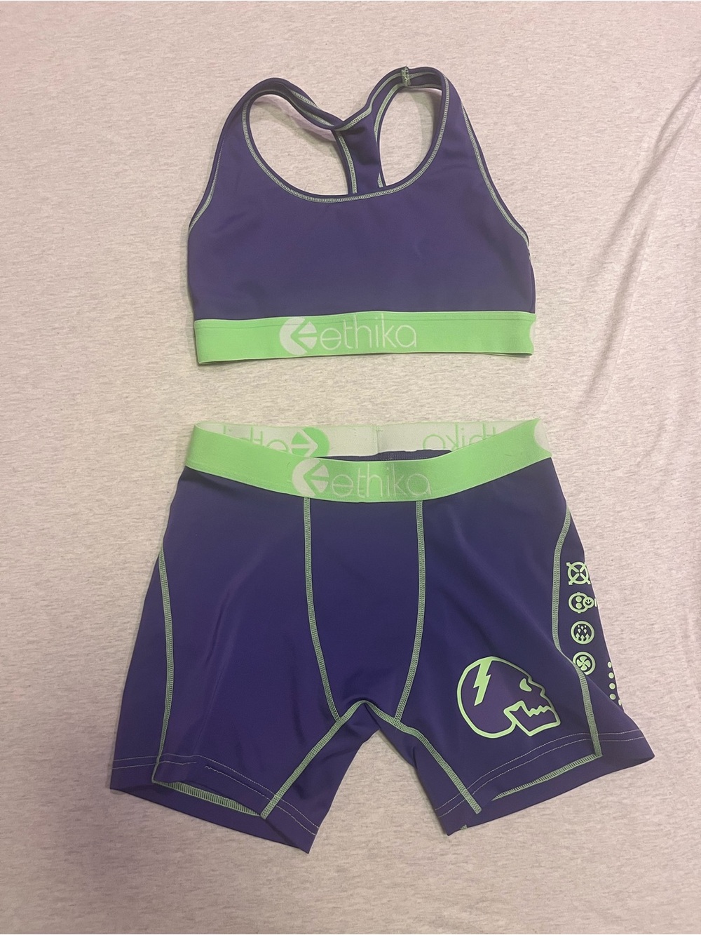 Ethika x Axel Hodges Purple & Lime Active Set bra and shorts